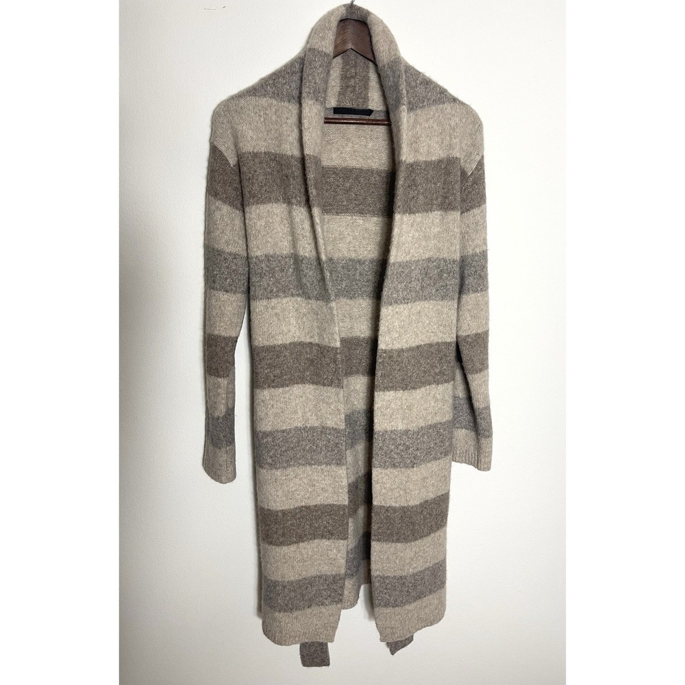 JENNI KAYNE Luxurious Belted Sweater Coat Long Cardi Oatmeal Stripe Yak Alpaca L - Picture 10 of 16